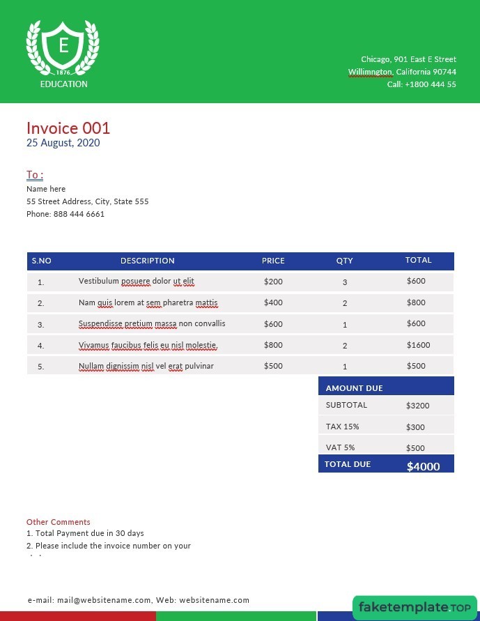 Feature of fake A4 Education invoice example